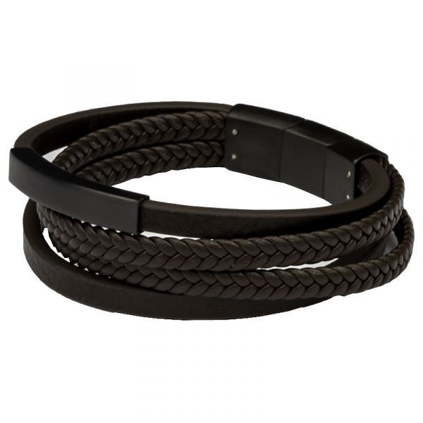 Armband mit Gravur Echt Leder Armband - Braun/Schwarz geflochtene Multi Bänder und Edelstahl Gravurplatte Schwarz