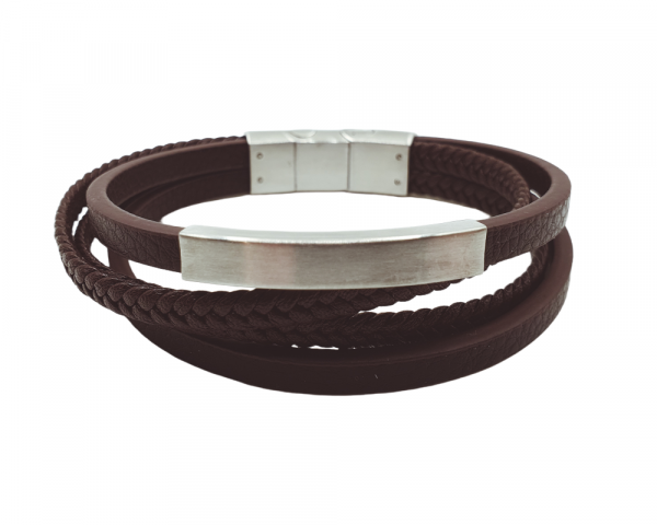 Echt Leder Armband - Braun/Schwarz geflochtene Multi Bänder und Edelstahl Gravurplatte Silber