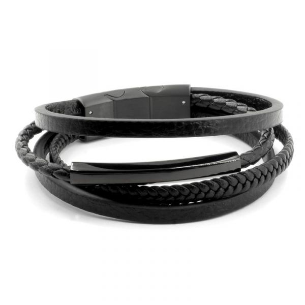 Echtleder Armband - Schwarz geflochtene Multi Bänder und Edelstahl Gravurplatte Schwarz